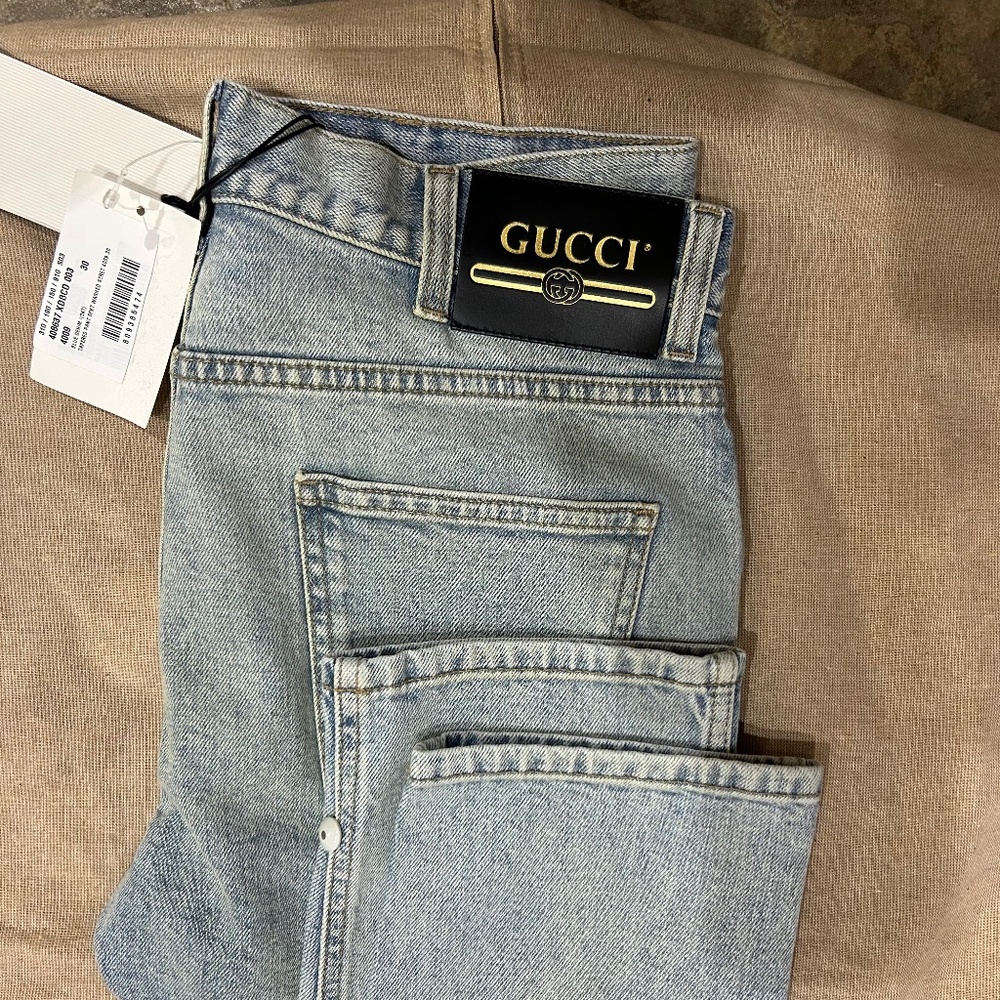 Gucci men’s regular fit stone bleached denim jeans in light blue size 30 Italy